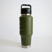 Angled front view of an olive green insulated 1L water bottle showcasing ergonomic finger-grip contours, a tapered design, and a secure carry-handle lid.