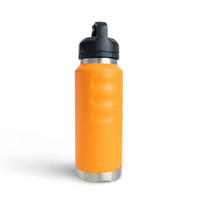 Front view of an orange insulated 1080ml water bottle with textured grip indents, a stainless steel base, and an integrated carry-handle lid.