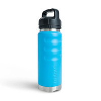 Front view of a bright blue insulated 1080ml water bottle showcasing ergonomic grip contours, a stainless steel base, and a secure carry-handle lid.