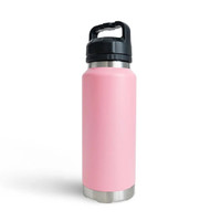 Rear view of a light pink insulated 1080ml water bottle with a sleek matte finish, stainless steel base accents, and an integrated carry-handle lid.