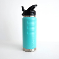 Front view of a turquoise insulated 1080ml water bottle with textured grip indents, a stainless steel base, an integrated drinking straw, and a flip-up carry-handle lid.