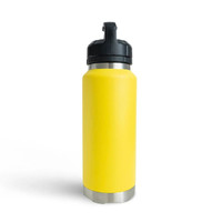 Rear view of a bright yellow insulated 1080ml water bottle with a sleek matte finish, stainless steel base accents, and an integrated carry-handle lid.