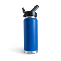 Front angled view of a bright blue fridgy® 780ml insulated water bottle featuring a flip-up straw lid, smooth matte finish, and stainless steel base accents.