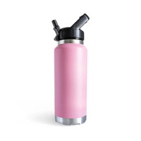 Front angled view of a light pink fridgy® 780ml insulated water bottle with a flip-up straw lid, sleek matte finish, and durable stainless steel base.