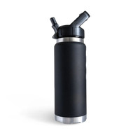 Front angled view of a matte black fridgy® 780ml insulated water bottle featuring a flip-up straw lid, sleek cylindrical design, and stainless steel base accents.