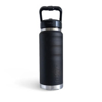 Front view of a matte black fridgy® 780ml insulated water bottle showcasing ergonomic grip contours, embossed branding, a stainless steel base, and a large carry-handle lid.