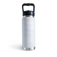 Front view of a white fridgy® 780ml insulated water bottle showcasing ergonomic grip contours, embossed branding, a stainless steel base, and a large carry-handle lid.