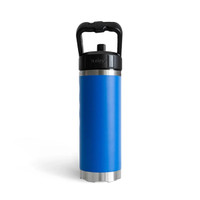 Front view of a bright blue fridgy® 540ml insulated water bottle showcasing a carry-handle lid, smooth matte finish, and durable stainless steel base.