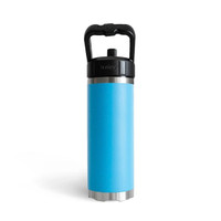 Front view of a light blue fridgy® 540ml insulated water bottle showcasing a carry-handle lid, sleek cylindrical design, and stainless steel base accents.