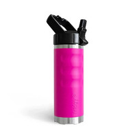Angled side view of a vibrant pink fridgy® 540ml insulated water bottle featuring a flip-up straw lid, textured grip contours, embossed branding, and a stainless steel base.