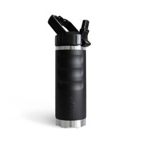 Angled side view of a matte black fridgy® 540ml insulated water bottle featuring a flip-up straw lid, ergonomic grip contours, embossed branding, and a stainless steel base.