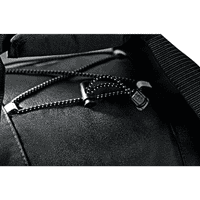 A close-up of a black wheeled duffel bag showcasing its zipper and bungee cord detail. The bag features branding.