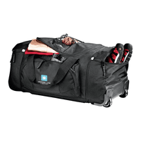A black wheeled duffel bag with a logo, featuring external pockets and sports gear visible inside.