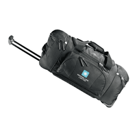 A wheeled duffel bag in black with multiple compartments and a retractable handle. It features a logo.