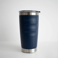 Front view of a navy blue fridgy® 600ml insulated tumbler showcasing textured grip contours, embossed branding, a stainless steel base, and a transparent lid.  Image 3: