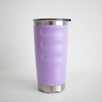 Front view of a lavender fridgy® 600ml insulated tumbler showcasing textured grip contours, embossed branding, a stainless steel base, and a transparent lid.