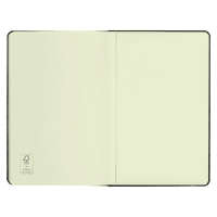 A black journal with blank pages and a logo. The interior features a smooth, light cream-coloured finish.