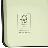 A bound journal with a black cover and cream-coloured pages, featuring an FSC certification logo.
