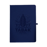 Navy blue A5 recycled journal with a logo on the cover, featuring a leaf and festival-themed graphics.