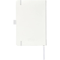 A white journal with a smooth cover, featuring a ribbon bookmark and an elastic closure; includes a logo.