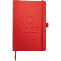 A red journal with a textured cover, featuring an embossed logo and an elastic closure band.