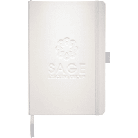 A white Nova Bound JournalBook with an embossed logo and a ribbon bookmark.