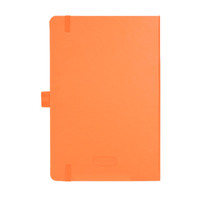 An orange Nova Bound JournalBook with an elastic band closure and a branding logo on the cover.