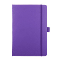 A purple journal with a textured cover, featuring a band closure and a small logo on the front.