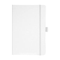 A white journal notebook with a flexible cover and an elastic closure, featuring a logo on the front.