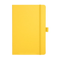 A yellow Nova Bound JournalBook with an elastic band and a ribbon marker. It features a logo on the cover.