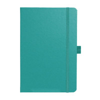 A teal Nova Bound JournalBook featuring a fold-over cover and an elastic closure, with a logo on the front.