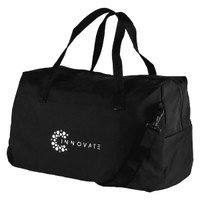 A black duffel bag with sturdy handles and a branding logo on the side.