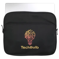 A black laptop sleeve features a light bulb design with gears and a logo, suitable for a laptop or device.