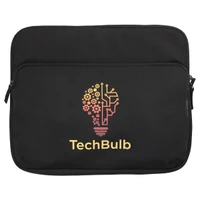 A black laptop sleeve featuring a graphic of a lightbulb with gears and a logo.