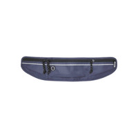 A navy waist pack featuring zippered compartments and a logo. Ideal for carrying essentials during activities.