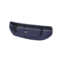 A navy running waist pack with two zippered compartments and a small logo, featuring a reflective strip.