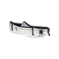 A white running waist pack featuring zippered compartments for holding a phone, keys, and other essentials.
