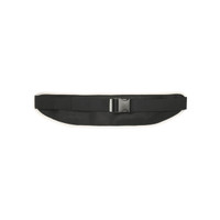 A black recycled running waist pack with a mesh design and a plastic buckle for fastening. It features a logo.