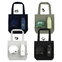 A tote bag in various colours with a drink bottle and caps, featuring logos on the bottle and caps.