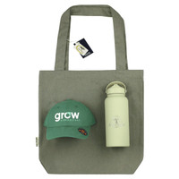 A green cap, a light grey tote bag, and a cream-coloured drink bottle, featuring a logo on each item.