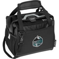 A black lunch cooler bag with a shoulder strap and a logo, featuring a sturdy handle and a roomy design.