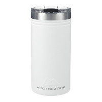 A drink bottle in white, featuring a sleek design and a stainless steel lid. It includes a logo on the front.