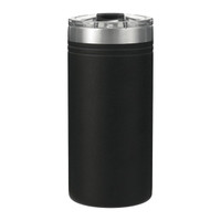 A drink bottle in matte black finish with a silver lid, featuring a logo. Ideal for keeping beverages cold.