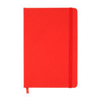 A red notebook with an elastic band closure and a ribbon marker. It features a solid cover and has no visible branding.