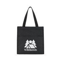 A black cooler bag featuring a logo and a front pocket, designed for transporting food and drinks.
