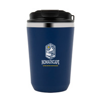 A double wall coffee cup in navy blue with a black lid and a logo on the front.