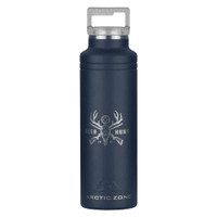A drink bottle in navy blue, featuring a stainless steel design and a logo, with a double-wall thermal insulation.