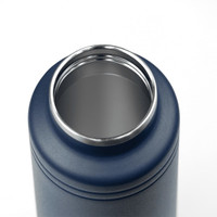 A drink bottle in dark blue with a stainless steel opening, featuring a smooth finish and a logo.