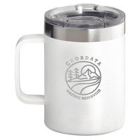 A drink mug in white with a stainless steel lid, featuring a logo and a handle for easy grip.