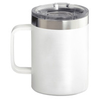A white thermal copper mug with a clear lid and stainless steel accent, featuring a sturdy handle and branding.